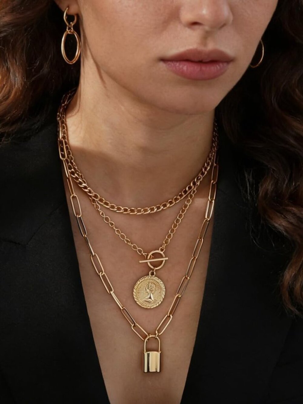 Vintage Gold Layered Necklaces for Women Trendy, Chunky Cuban Link Paperclip Cha - Picture 6 of 9